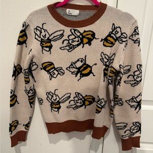 Bee Print Knit Sweater Cream Brown Crewneck Pullover Cozy Size M